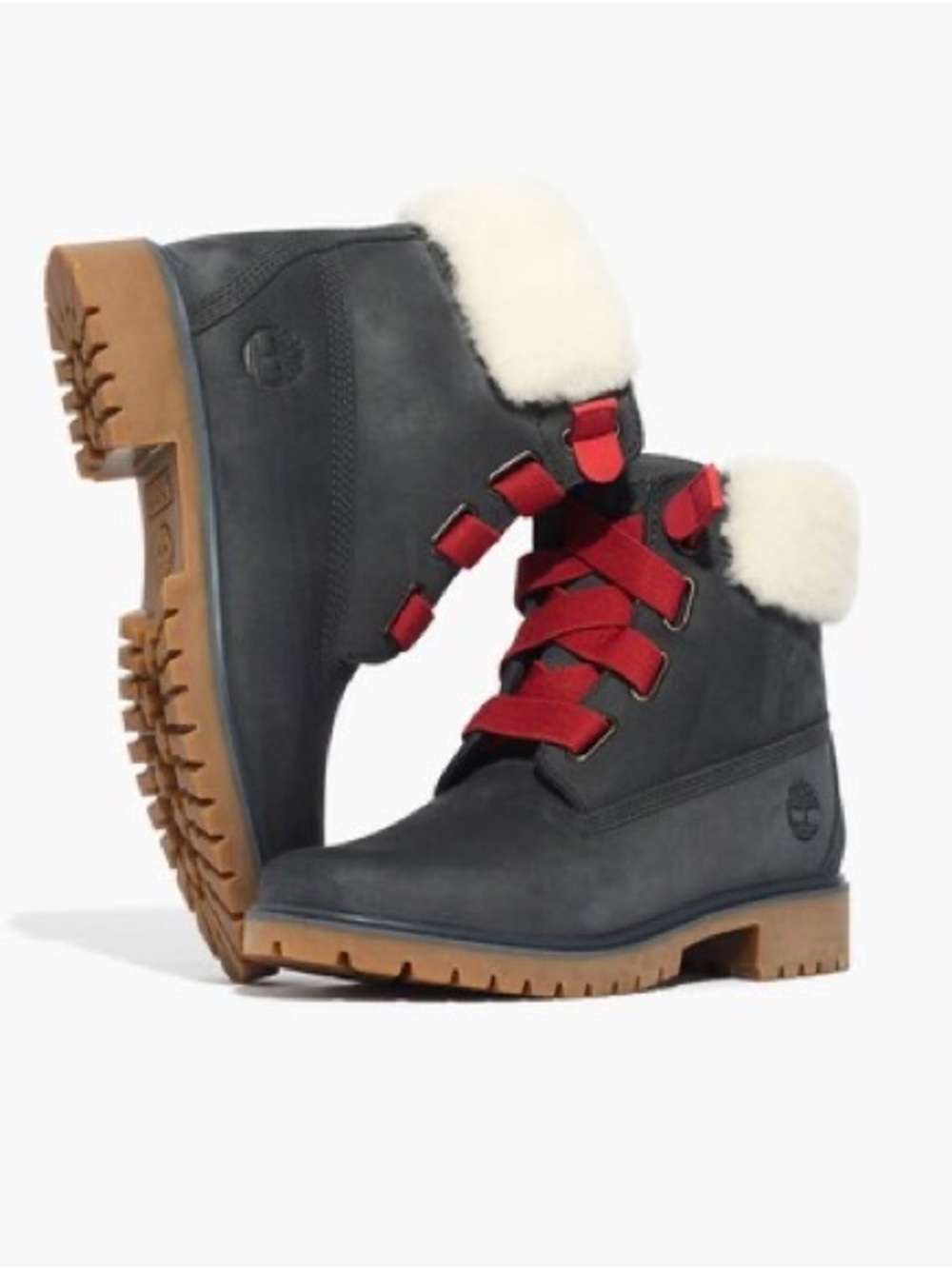 Timberland Women's Jayne Dark Gray Shearling Collar Lace-Up Boots with Red Laces